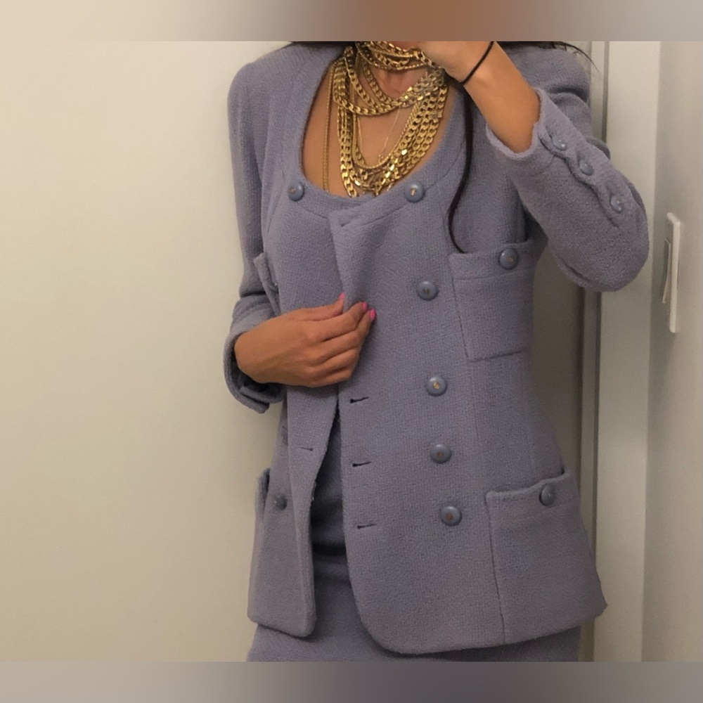 Chanel Auth Lavender Purple Tweed Jacket with CC logo buttons
